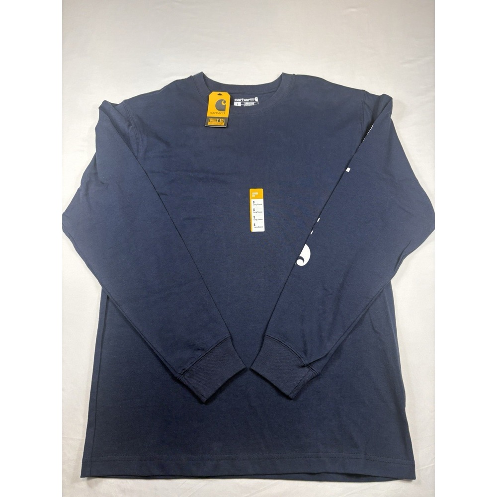 NWT Carhartt Mens Loose Fit Heavyweight Long Sleeve Navy Graphic T Shirt Size S